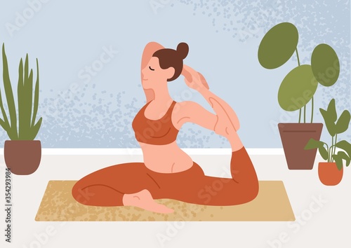 Woman perform flexibility sit in yoga pose vector flat illustration. Sports female practicing morning exercise at home. Girl meditating with closed eyes. Healthy lifestyle and spiritual practice