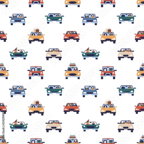 People driving colorful cars seamless pattern vector flat illustration. Front view of man, woman, children and pet at automobile on white background. Driver and passenger riding on transportation