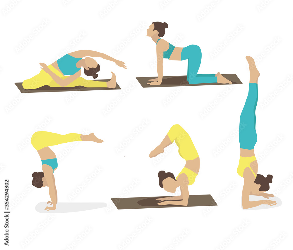 Set of young woman performing yoga poses in turquoise and yellow sport clothes - obrazy, fototapety, plakaty 