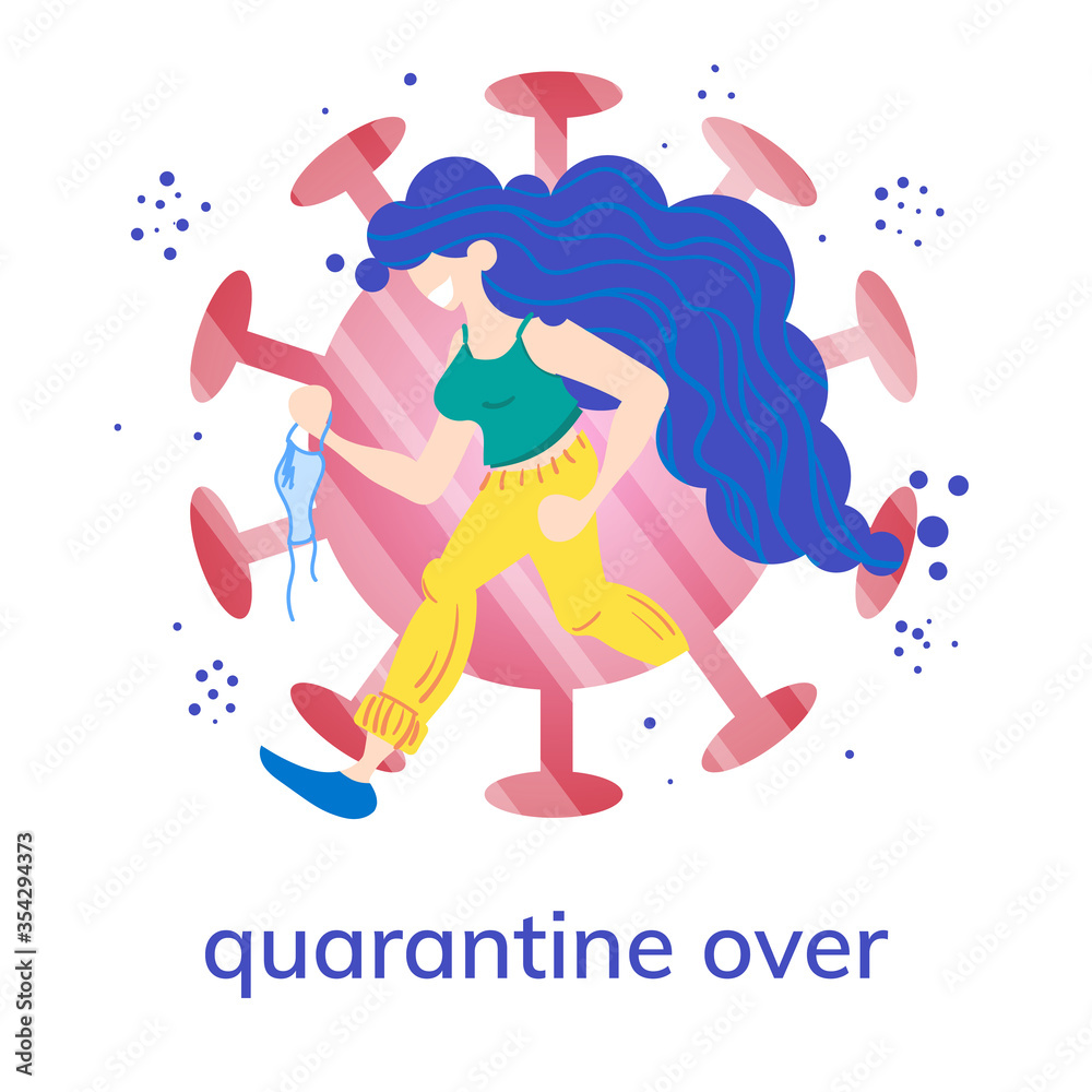Stock vector illustration of a running girl with a medical mask in her hand on the background of the image of coronavirus. Emotion of joy from the end of quarantine after covid-19 pandemic. Stock vector illustration of a running girl with a medical mask in her hand on the background of the image of coronavirus. Emotion of joy from the end of quarantine after covid-19 pandemic.