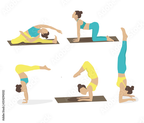 Set of young woman performing yoga poses in turquoise and yellow sport clothes