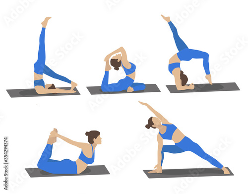 Set of young woman performing yoga poses in blue sport clothes. Cartoon