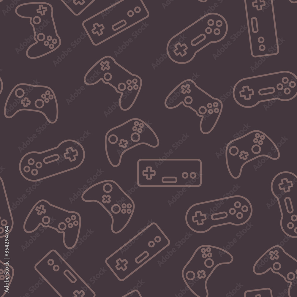 Seamless game pattern. Wrapping paper design with gamepads. Video game controller background.