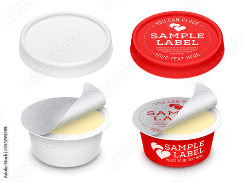 Vector labeled round plastic container with opened foil seal and lid. Packaging template illustration.