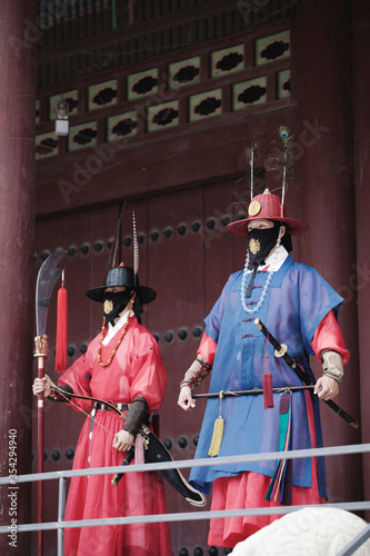 Covid 19/ Corona Serie Korean tourism, Gyeongbokgung Palace, Seoul Guard in mask