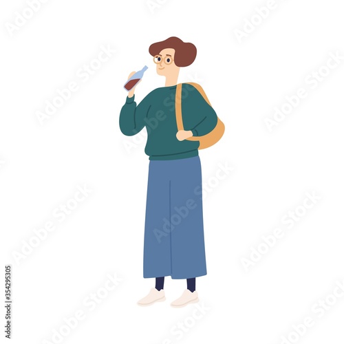 Casual student woman with backpack drinking soda beverage vector flat illustration. Colorful female in glasses holding refreshing liquid in bottle isolated on white. Cheerful girl with soft drink