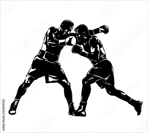 Boxing. Boxers fight duel Isolated on a white background. Black and white graphics. Vector illustration photo