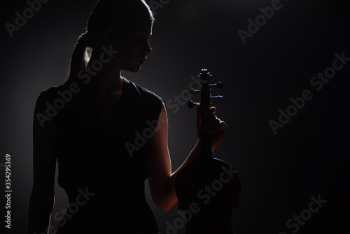 silhouette of female musician holding classical violin on dark stage