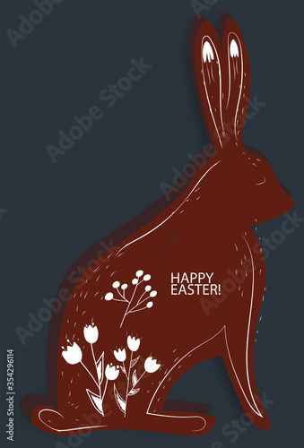 Composition of a red rabbit with spring flowers and Easter wishings on him. D...