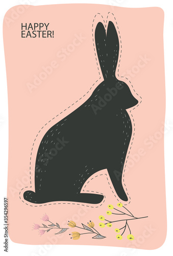 Black rabbit on pink background with flowers at his feet