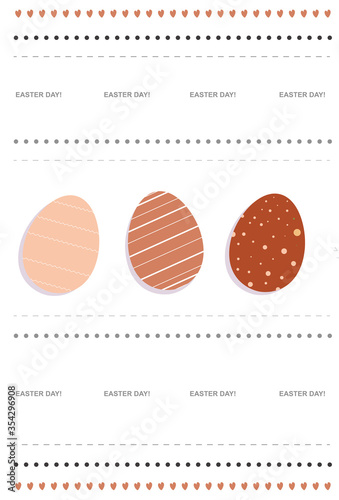 Composition of three decorated Easter eggs, dots, hearts and lines. Drawing
