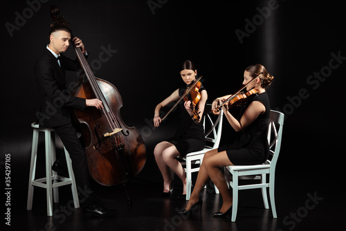 trio of professional musicians playing classical music on violins and contrabass on dark stage © LIGHTFIELD STUDIOS