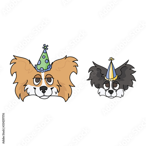 Cute cartoon papillon dog with party hat vector clipart. Pedigree kennel doggie breed for dog lovers. Purebred domestic puppy for celebration illustration mascot. Isolated canine fluffy. EPS 10. 