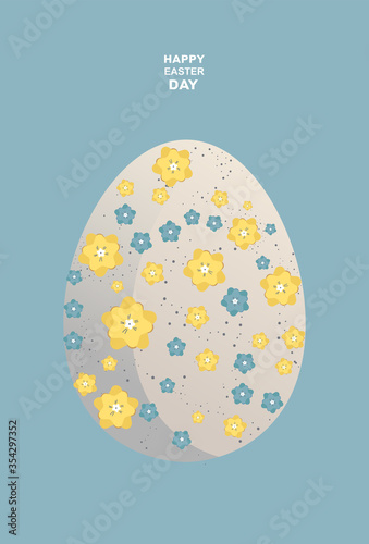 White Easter egg decorated with blue and yellow spring flowers pattern. Baby ...