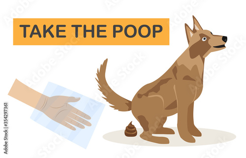 Clean up after your dog. Vector illustration of a dog owner cleaning the lawn with a scoop and a paper bag