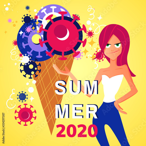 Concept of summer 2020 during the pandemic of covid-19. Stock vector illustration of a ice cream with coronavirus and girl with a disappointed face for season banner, label, poster, logo summer.