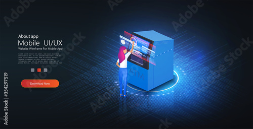 The girl uses her credit card at an ATM to withdraw cash. Currency exchange online service, bank automated teller machine isometric vector web banner or landing page template. 