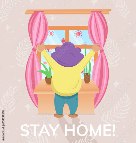 Vector illustration of a man looking out the window during quarantine. Coronovirus pandemic period. The image of the virus outside the window. Warning of the importance of staying home during covid-19