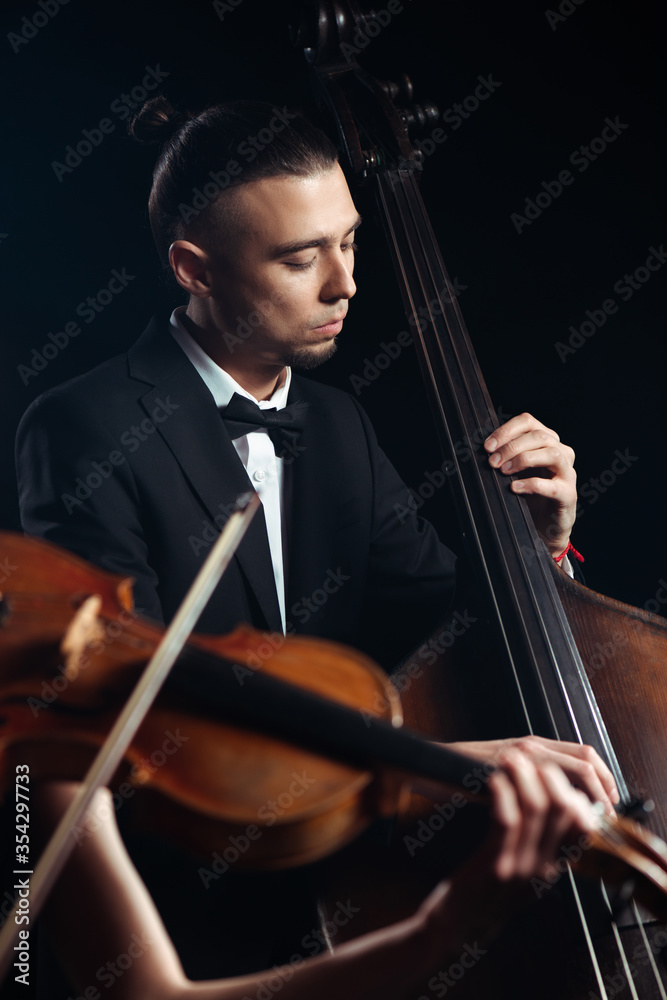 two professional musicians playing on violin and contrabass on dark stage two professional musicians playing on violin and contrabass on dark stage