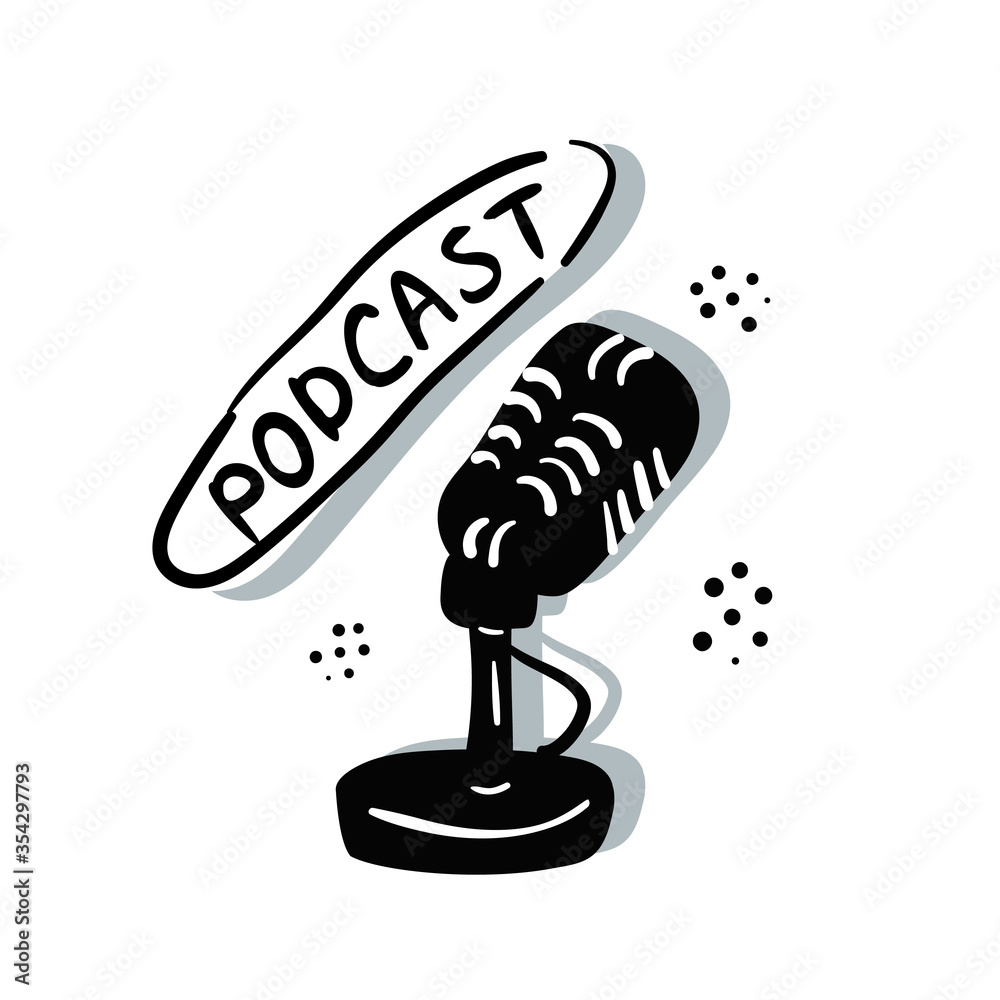 Podcast radio icon or logo design in black and gray colors. The microphone icon in a hand drawing style. White isolated background. Logo, application, user interface. Stock vector illustration. Podcast radio icon or logo design in black and gray colors. The microphone icon in a hand drawing style. White isolated background. Logo, application, user interface. Stock vector illustration.