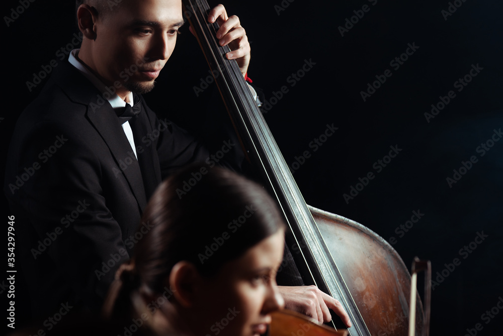 professional musicians playing on violin and contrabass on dark stage professional musicians playing on violin and contrabass on dark stage