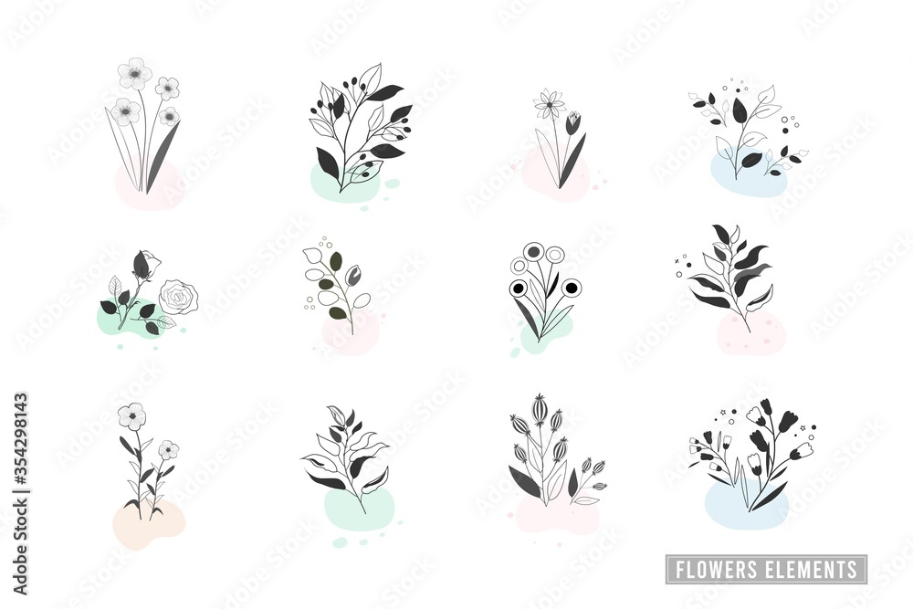 Vector design elements flowers and leaves collection set, hand drawn with herb and flowers, nature background, banner, cover, templates, postcard.
