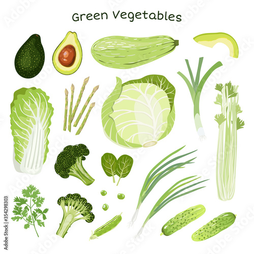 Set of green vegetables isolated on white background.
