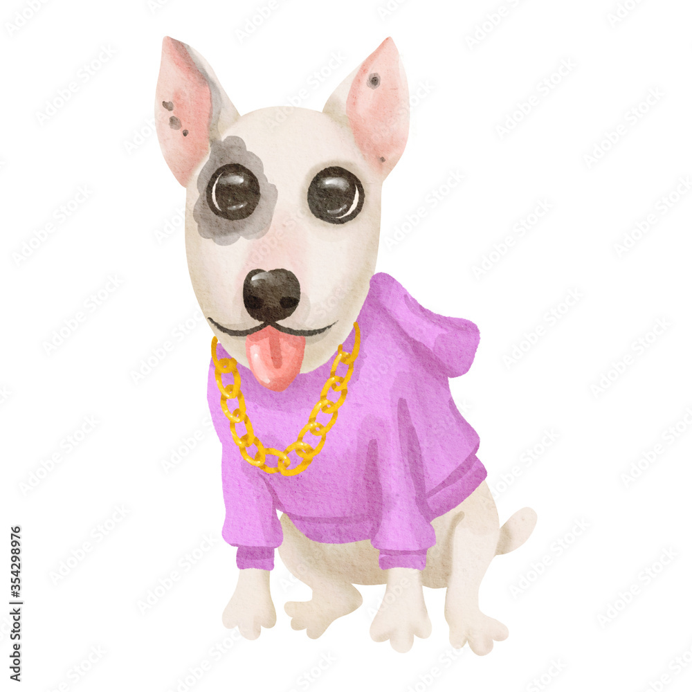 Obraz premium Watercolor illustration of cute English Bull Terrier isolated on white background. Greeting card design. Fashion dog in suit. High quality illustration