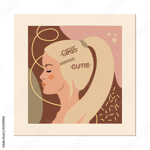 Fashion girls profile with trendy hairstyle. Blonde with hairpins and hair clips on color background. Vector illustration for print, t-shirt design, poster, banner.