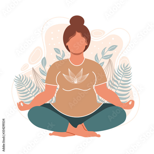 Plus size woman meditating and sitting in lotus on the natural background. Attractive overweight girl. Happy people. Concept illustration for yoga, meditation, relax. Vector illustration in flat style