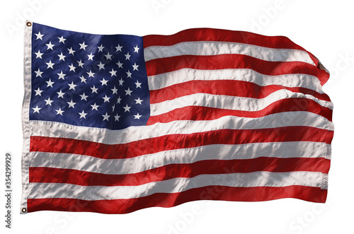 American flag waving in the wind isolated on white background. 3D