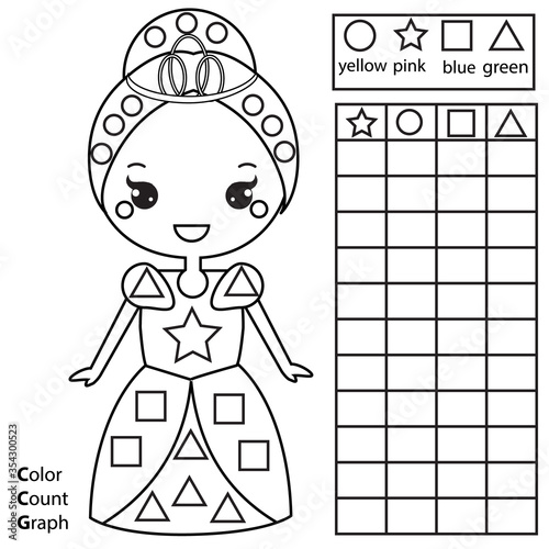 Color, count and graph. Educational children game. Color princess and counting shapes. Printable worksheet for kids and toddlers