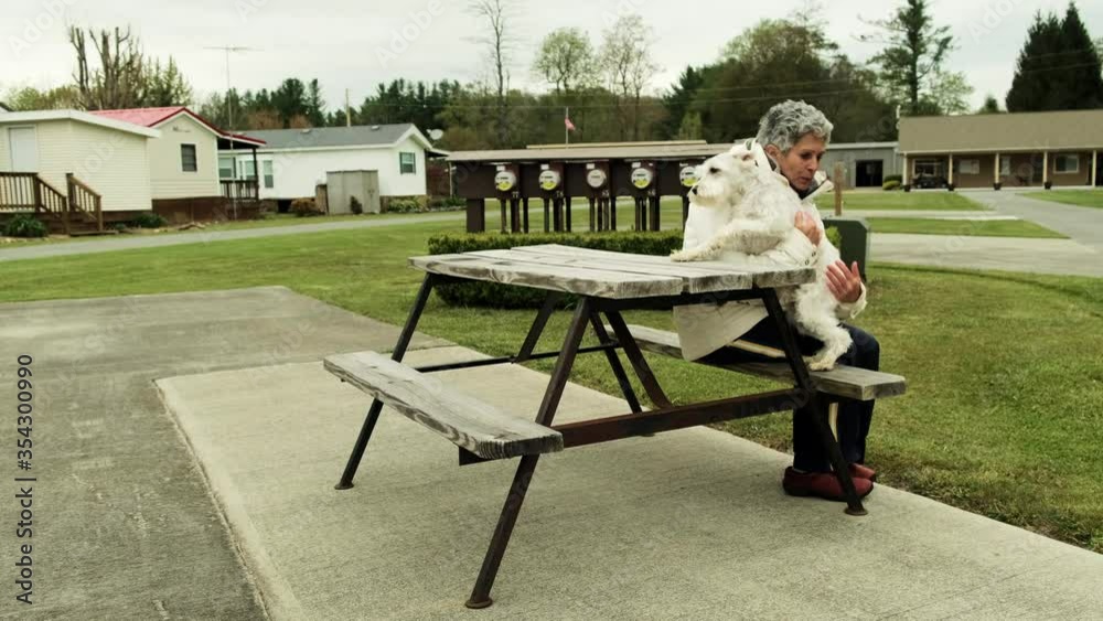 Caucasian woman sits at picnic bench and cute white Schnauzer dog jumps on her lap at campground, static close up