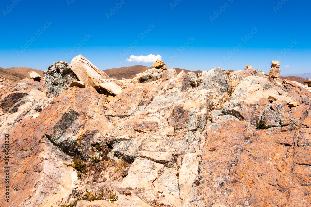 Stone mounds made by travelers on the Isla del Sol