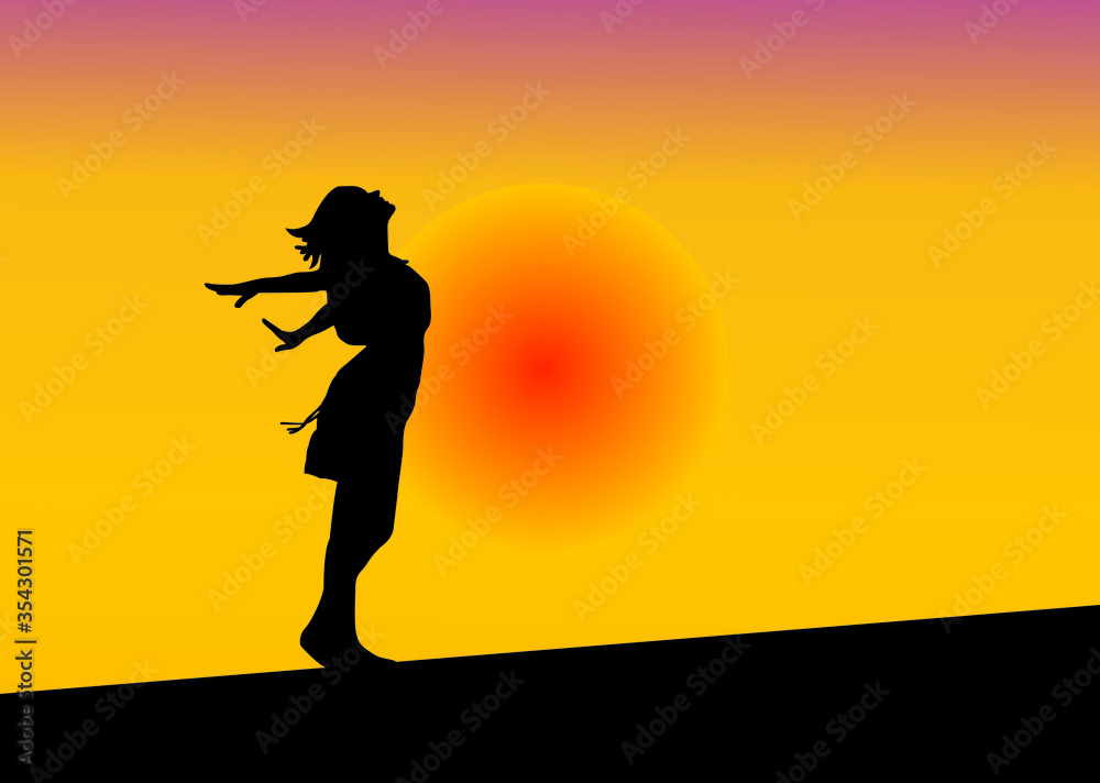 silhouette of a young woman, Beautiful sunset vector silhouette of woman.