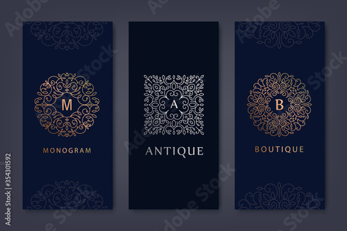 Vector set of logo design templates, brochures, flyers, packaging design in trendy linear style with flowers and leaves. Use for luxury products, wedding invitations, organic cosmetics