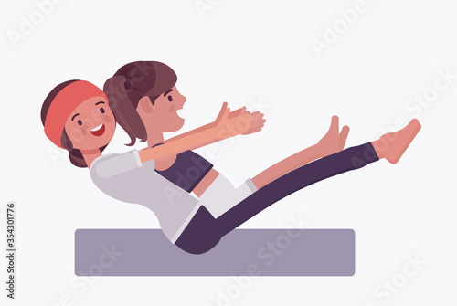 Family yoga, black yogi mother, daughter in sport wear practicing yoga, doing boat balance pose, Paripurna, Navasana exercise, yogic practice together. Vector flat style cartoon illustration side view
