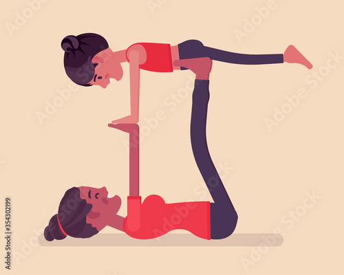 Family yoga, black happy yogi mother, daughter in sports wear practicing acroyoga balance exercise, kid and parent enjoying yogic practice together. Vector flat style cartoon illustration, side view