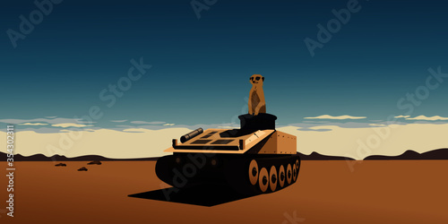 Meerkat riding a desert armored personnel carrier