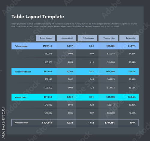 Modern business table layout template with the total sum row and place for your content - dark version. Flat design, easy to use for your website or presentation.
