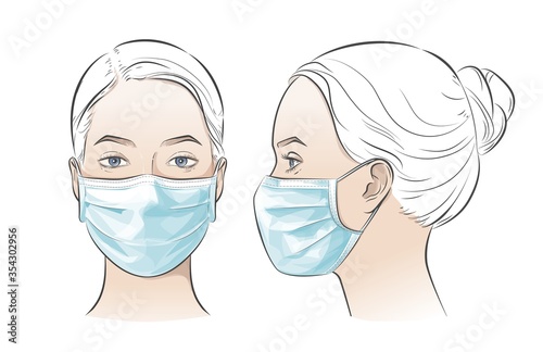 Vector illustration Woman wearing disposable medical surgical face mask.