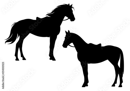 saddled and bridled horse standing side view ready for riding - equitation black and white vector silhouette outline set