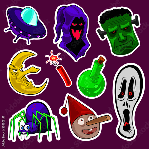 Halloween sticker pack. Monsters, potion, dynamite.