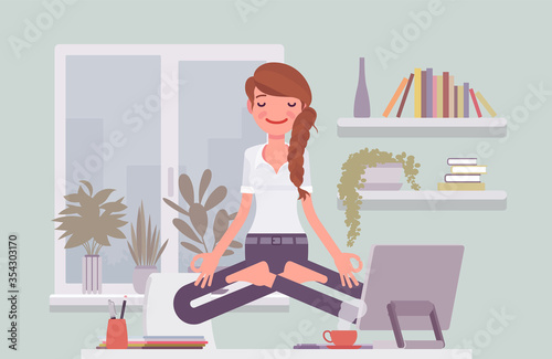 Office worker meditating for relaxation, yogi woman practicing yoga at workplace, doing Padmasana pose, Lotus exercise, restorative yogic practice in levitation. Vector flat style cartoon illustration