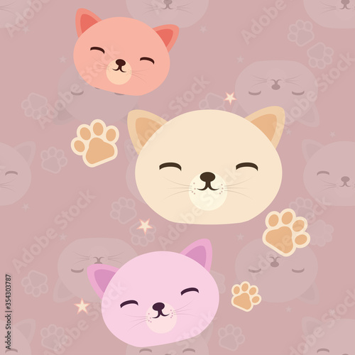 Baby seamless illustration with cute cats and paws. Light pastel colors. Sweet vector cartoon for kids - boys and girls. Pink and beige cartoon character repeating design.