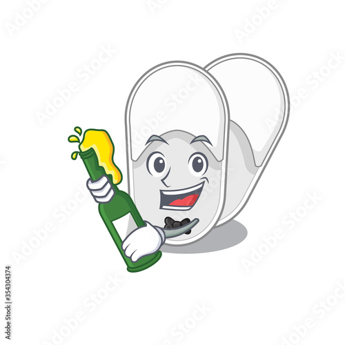 caricature design concept of hotel slippers cheers with bottle of beer