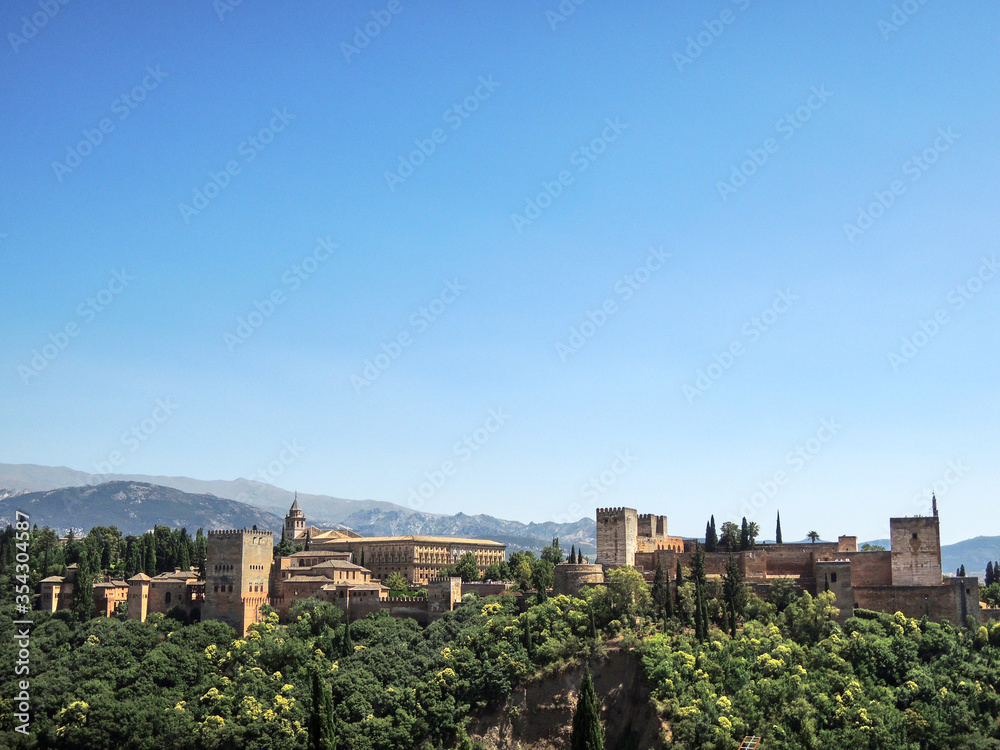 The Alhambra in Granada with Sierra Nevada in the background. Andalusia. Spain