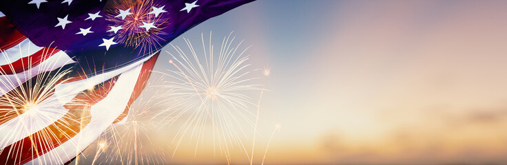 Celebration colorful firework on America flag pattern on sky background, red blue white strip concept for USA 4th july independence day, symbol of patriot freedom and democracy in memorial day festive