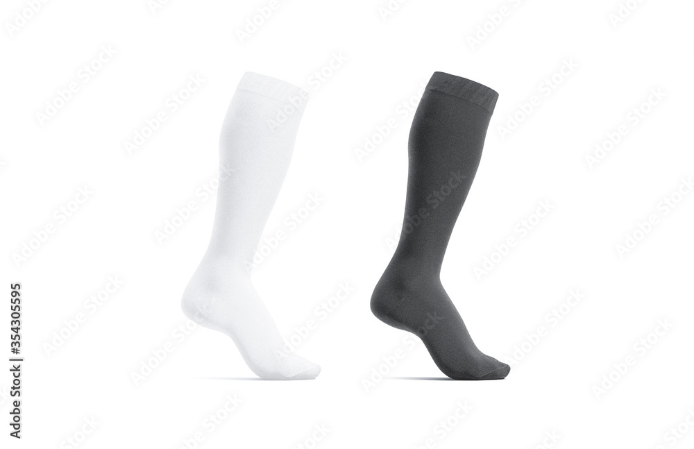 Blank black and white soccer socks toe mockup, side view Blank black and white soccer socks toe mockup, side view