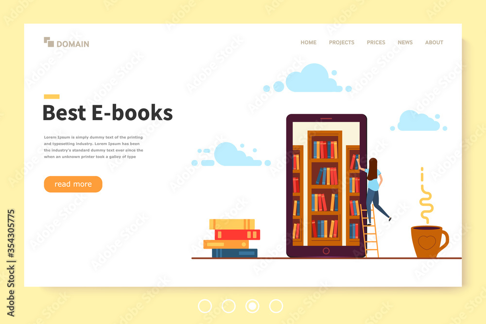 Landing page template, online library. Young girl in the phone looking for an e-book. In the background, a stack of books and a Cup of hot coffee. Vector illustration in modern flat design.